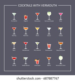 Cocktails with vermouth guide, flat icons on dark background. Vector illustration