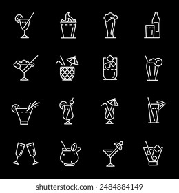 Cocktails, white line icons. Alcoholic and non-alcoholic mixed drinks. Ideal for culinary and entertainment themes. Symbols on black background. Editable stroke.