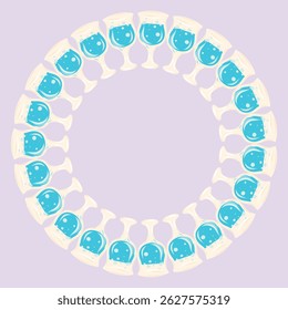 Coquetéis de grinalda em um fundo colorido.  Moldura redonda de bebida. Óculos cheios de quadro de bebida azul para cartões de saudação, decoração, convites de casamento, cartazes, marca, scrapbooking.