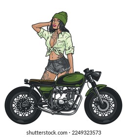 Cocky biker woman colorful label with cool motorcycle and tattooed girl in clothes for street racing or party vector illustration