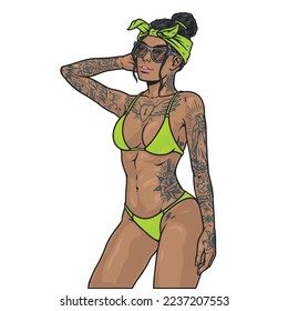 Cocky bikini girl colorful label with cute Latin model with gangster-urban style tattoos on body and hands vector illustration