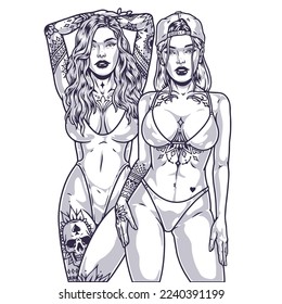 Cocky bikini girls emblem monochrome with portraits woman generation z with tattoos skulls or stylish patterns on body vector illustration