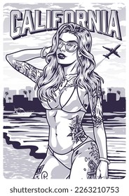 Cocky bikini woman flyer monochrome with posing long-haired belle standing straightening hair near California bay with cityline vector illustration