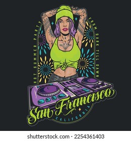 Cocky disco girl colorful flyer with tattooed model from San Francisco in seductive clothes near DJ console vector illustration