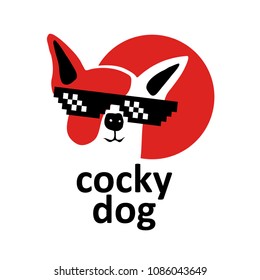 Cocky dog logo in black glasses. Dude, confident, cocky emotions. Dog hand drawn style It can be used for sticker, patch, poster, as logo, mascot, emoji, emoticon. vector doodle illustrations.