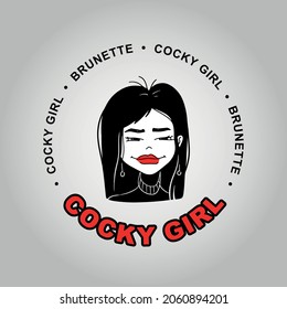 Cocky girl. Brunette with red lipstick. Logo girl in black. Suspicious squint.