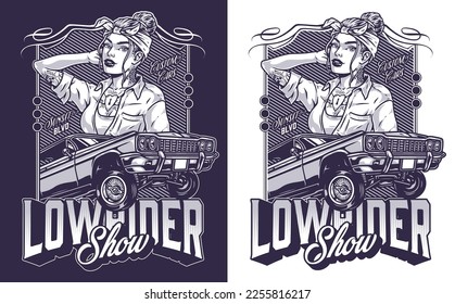 Cocky girl lowrider flyer monochrome with retro car for lowriding show or racing on city streets Chicano style vector illustration