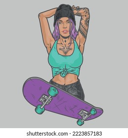 Cocky girl skateboarder sticker colorful with board for skate party and hipster woman posing standing in summer clothes vector illustration