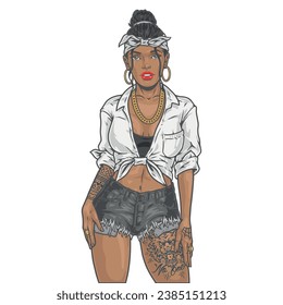 Cocky Latino girl colorful label with tattoos on arm and leg, dressed in urban or gangland style vector illustration