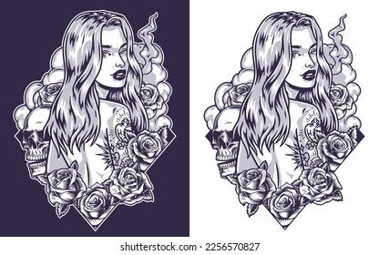 Cocky pretty girl monochrome flyer with puffs of smoke near roses and skull symbolizing danger or death vector illustration