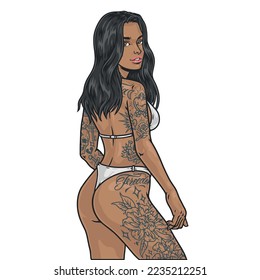 Cocky tattoo girl emblem colorful portrait of African American beauty in bikini with flowers and inscriptions on body vector illustration