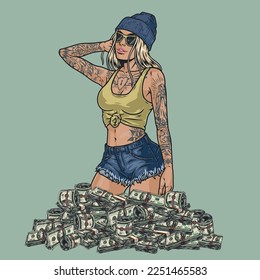 Cocky tattoo girl logotype colorful with wads money dollars and blonde woman in hat and sunglasses hustle concept vector illustration