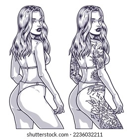 Cocky tattoo girl monochrome label portrait pretty womans in bikini to attend pool party with tattoos on body vector illustration