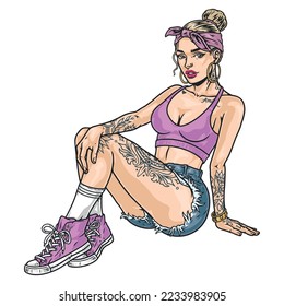 Cocky tattoo woman emblem colorful urban style portrait with beautiful girl in high sneakers and shorts vector illustration