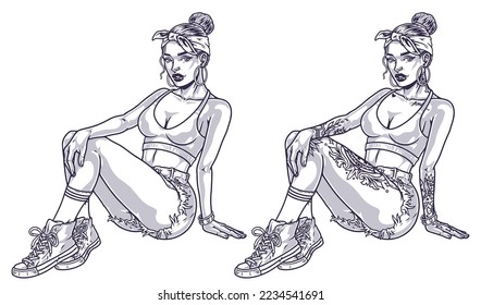 Cocky tattoo woman label monochrome Chicano style portrait with attractive girl sits in seductive fashionable clothes vector illustration