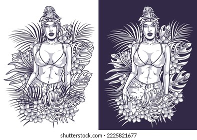 Cocky tropical girl monochrome emblem with leaves beach plants around woman in bra and shorts for summer travel vector illustration