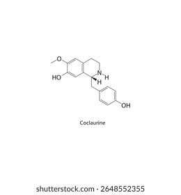 Estrutura esquelética da coclaurina. Ilustração esquemática do composto alcaloide da benzilisoquinolina. Diagrama simples, fórmula química.