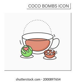 Coco bomb color icon. Delicious dessert. Cute ball of chocolate with marshmallows filling inside. Bomb inside cup. Chocolate sweet.Isolated vector illustration