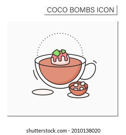 Icono de color de bomba de coco. Delicioso postre. Cute bola de chocolate con malvaviscos llenándose dentro. La bomba se derrite dentro de la taza. Chocolate dulce.Isolación de ilustración vectorial
