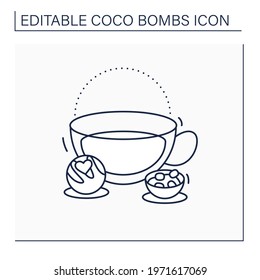 Coco bomb line icon. Delicious dessert. Cute ball of chocolate with marshmallows filling inside. Bomb inside cup. Chocolate sweet.Isolated vector illustration.Editable stroke