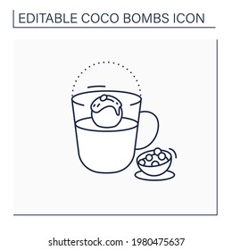 Coco bomb line icon. Delicious dessert. Cute ball of chocolate with marshmallows filling. Bomb inside hot milk glass. Chocolate sweet.Isolated vector illustration.Editable stroke