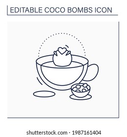 Icono de la línea de bomba de coco. Delicioso postre. Cute bola de chocolate con malvaviscos llenándose dentro. Bomba dentro de la taza. Chocolate dulce.Isolación de la ilustración vectorial.Accionamiento editable