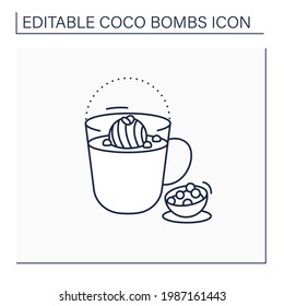 Coco bomb line icon. Delicious dessert. Cute ball of chocolate with marshmallows filling. Bomb inside hot milk glass. Chocolate sweet.Isolated vector illustration.Editable stroke