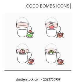 Iconos de color de las bombas de coco. Delicioso postre. Bolsa de chocolate con relleno de malvaviscos. Baratos de chocolate.Iconos vectoriales aislados