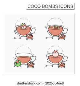 Coco bombs color icons set. Delicious dessert. Cute ball of chocolate with marshmallows filling. Chocolate sweets.Isolated vector illustrations