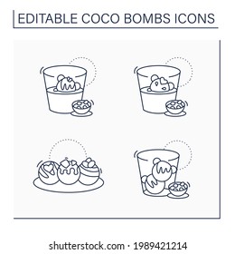 Coco bombs line icons set. Delicious dessert. Cute ball of chocolate with marshmallows filling. Chocolate sweets.Isolated vector illustrations. Editable stroke