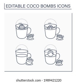 Iconos de la línea de bombas de coco puestos. Delicioso postre. Bolsa de chocolate con relleno de malvaviscos. Chocolate Sweets. Isolación de ilustraciones vectoriales. Trazo editable