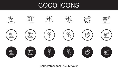 coco icons set. Collection of coco with palm tree, coconut. Editable and scalable coco icons.
