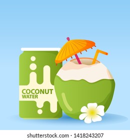 Coco sparkling coconut water aluminum can.Flat vector package design .Fresh cocktail of coconuts an umbrella,straw.Carbonated water.Tropical beverage banner concept.Coconut juice.Vegan drink.