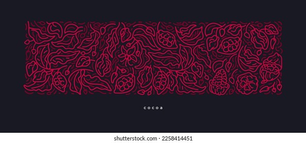 Cocoa abstract art deco pattern. Dark chocolate. Outline fruit, flower, leaves. Vector nature background. Graphic ornate