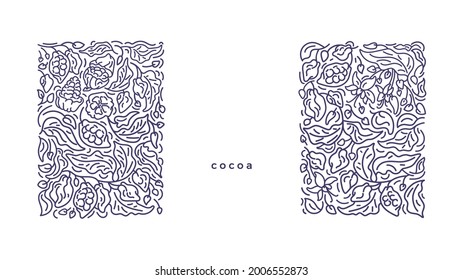 Fondo abstracto del cacao. Borde de línea de arte. Rama gráfica vectorial, fruto monocromo, follaje texturizado, decoración floral. Plantación de chocolate