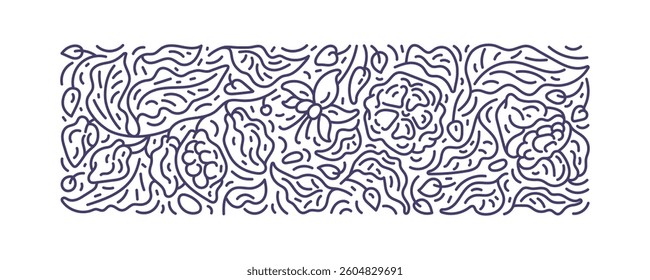 Cocoa abstract line pattern. Chocolate. Nature branch, aroma beans, texture leaves, graphic fruit. Organic butter. Vintage illustration, simple banner for food design. Editable stroke