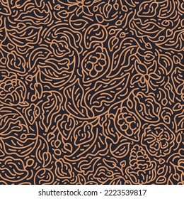 Cocoa abstract line seamless print. Dark chocolate. Vector texture branch, golden leaf, beans. Graphic illustration on black decorative backdrop