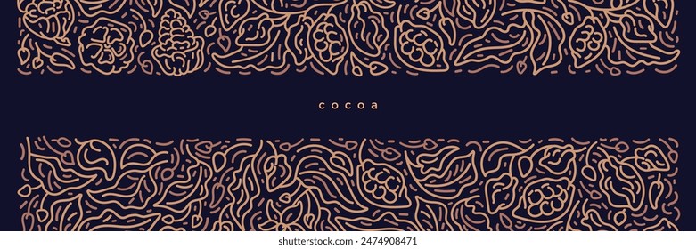 Cocoa abstract line template. Aroma beans, texture leaves, outline sketch fruit. Organic raw chocolate, bio butter. Vintage ornament, vector graphic frame for food design