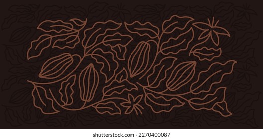 Cocoa background. Chocolate pack design element. Floral ornament. Beans and branches leaves. Editable outline stroke. Vector line.