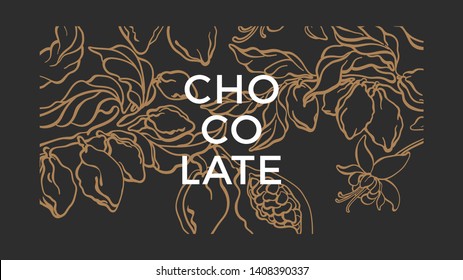 Cocoa background. Natural chocolate. Vector hand drawn botanical tree, bean, tropical fruit, leaf. Organic sweet food, graphic art sketch, banner. Cacao vintage package. Nature template.