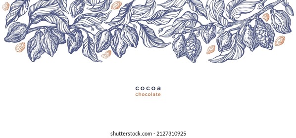 Cocoa Background. Vector Chocolate. Art Texture Illustration. Graphic Banner, Aroma Organic Food. Space For Text