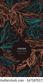 Cocoa background. Vector chocolate tree, golden bean, green leaves, tropical flower. Art graphic illustration, hand drawn pattern, vintage design. Wild jungle, dark forest