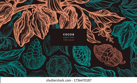 Cocoa background. Vector organic design. Tropical golden plant, jungle on black background. Natural raw bean, organic chocolate, aroma drink. Fresh green harvest. 