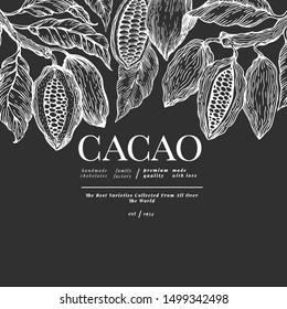 Cocoa banner template. Chocolate cocoa beans background. Vector hand drawn illustration on chalk board. Vintage style illustration.