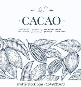 Cocoa banner template. Chocolate cocoa beans background. Vector hand drawn illustration. Vintage style illustration.