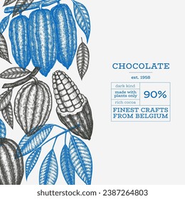 Plantilla de banner de cacao. Chocolate Retro De Cacao Con Fondo. Ilustración dibujada a mano con estilo vectorial. 