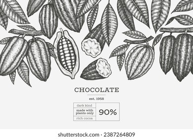 Cocoa Banner Template. Chocolate Retro Cocoa Beans Background. Vector Vintage Style Hand Drawn Illustration. 