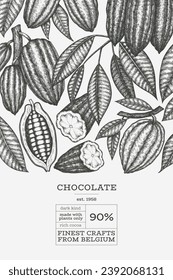 Cocoa Banner Template. Chocolate Retro Cocoa Beans Background. Vector Vintage Style Hand Drawn Illustration. 