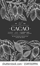 Cocoa banner template. Vector hand drawn illustration on chalk board. Chocolate cocoa beans background. Retro style illustration.