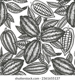 Cocoa Banner Vector Seamless Pattern. Chocolate Retro Cocoa Beans Background. Vintage Style Hand Drawn Illustration. 